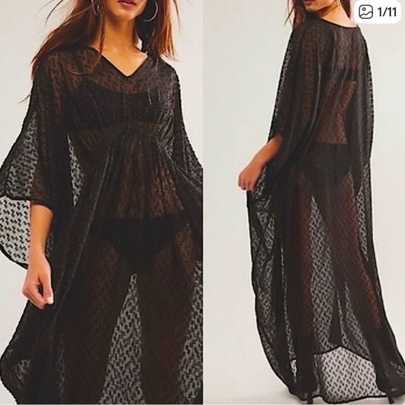 Free People Womens Kaftan Black Stevie Sheer Flutter Sleeve Kimono One Size - Picture 1 of 6